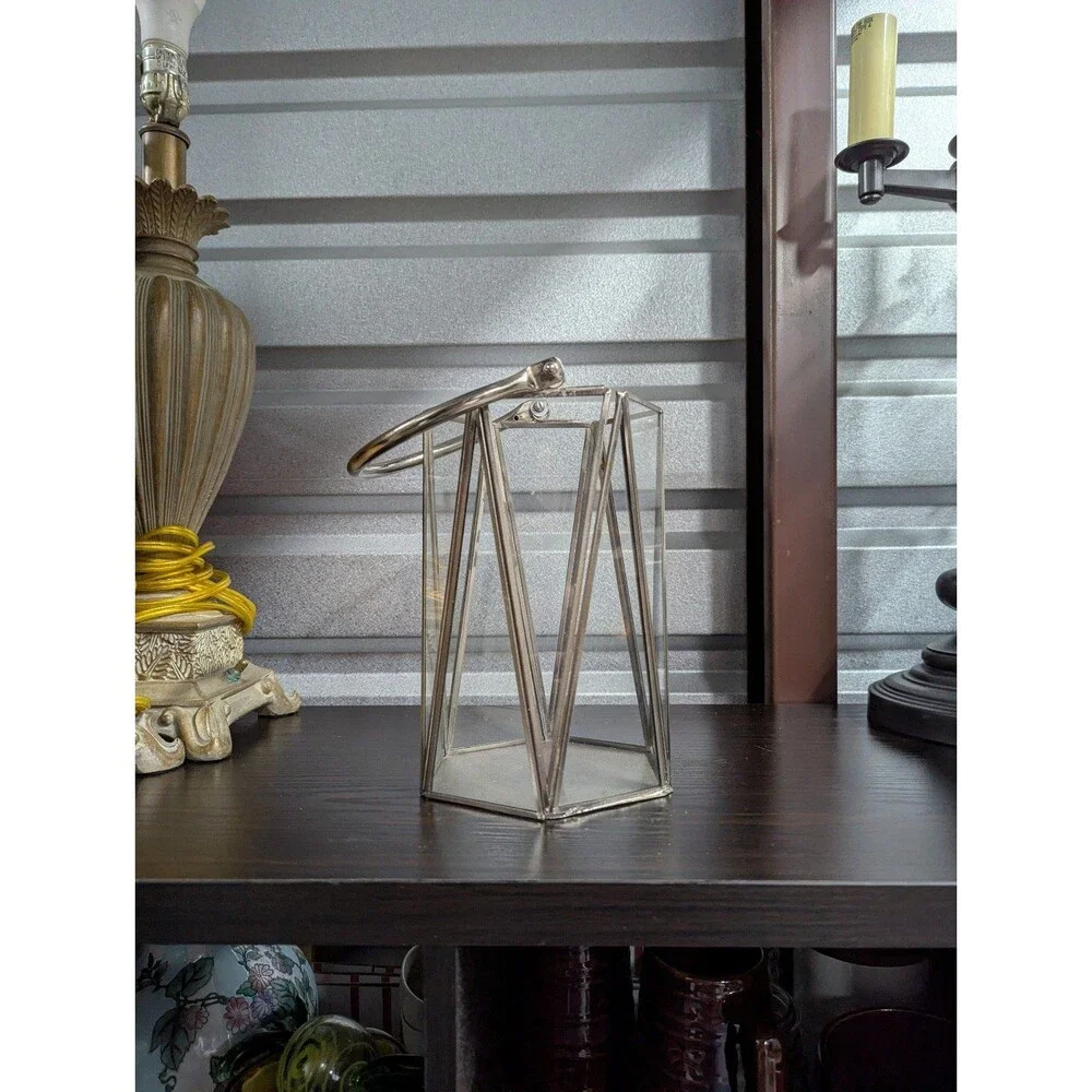 Silver Metal Hexagon 9.5 inch Hurricane Candle Holder Lantern Vase‎ Decor